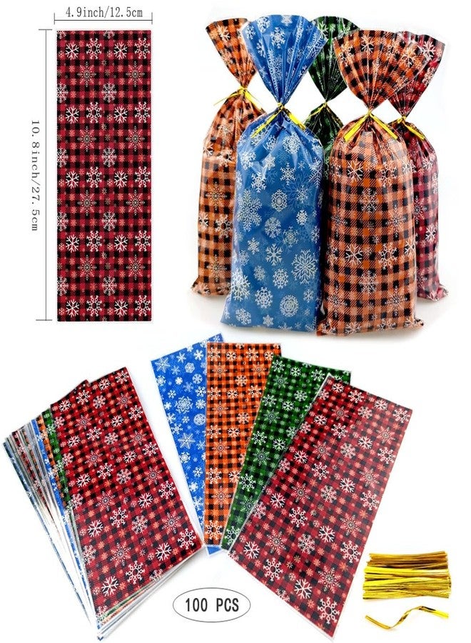 SaktopDeco 100 PCS Colored Christmas Cellophane Bags Snowflake Cellophane Bags Party Favor Bags Snowflake Plaid Plastic Bags for Party Gift Packing - Image 3